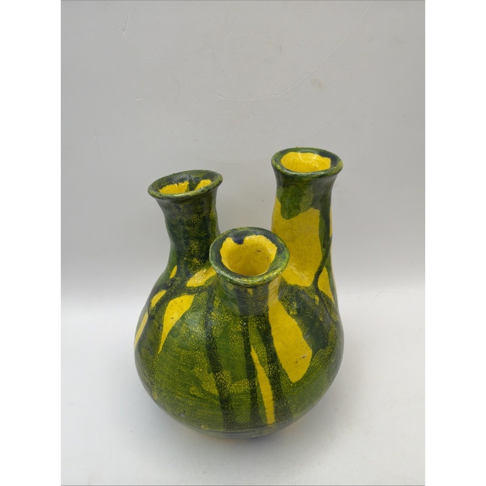 Hand Thrown Studio Triple Spout Pottery Vase Yellow Green signed by artist 1981